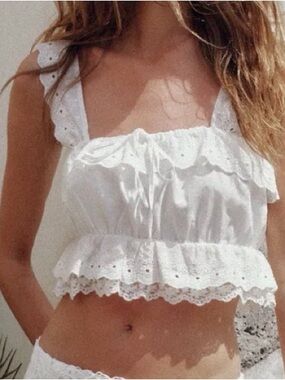 Zara White Embroided Eyelet Ruffle Crop Top with Tie NWT